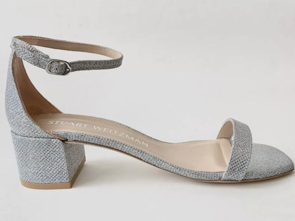 Stuart Weitzman Nudistcurve 35 Block Sandal Heels Silver Size 6 US 36.5 US NIB